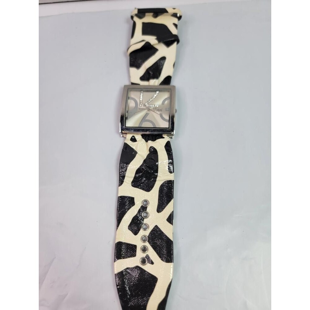 Vivani K1181 Quartz Watch Silver Tone Square Case Animal Print Wide Band